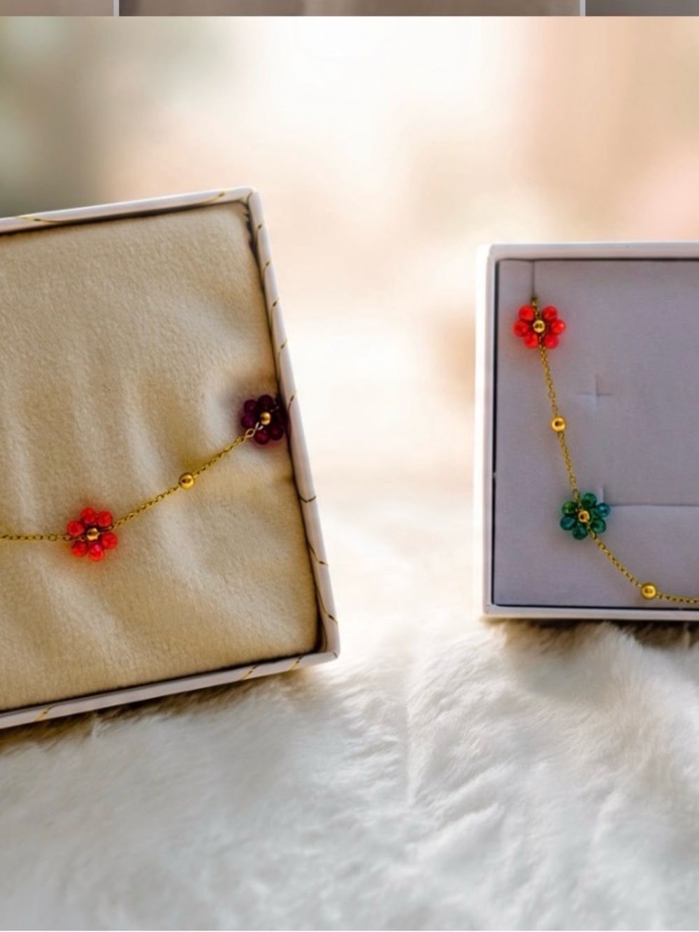 Delicate Gold Flower Chain Bracelet with Red, Green and Purple Accents